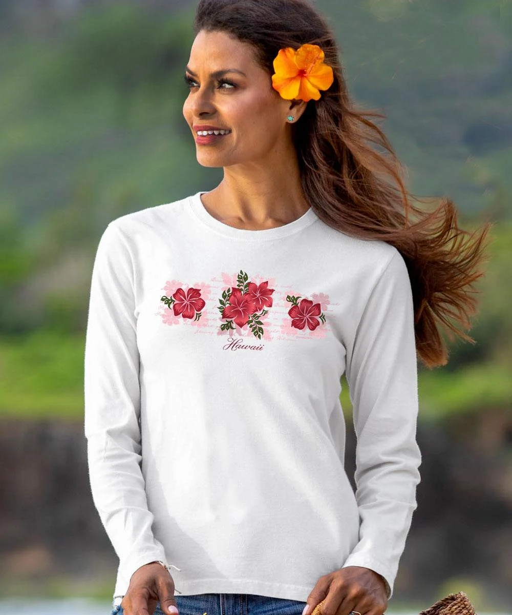 Beautiful Hibiscus - White Long Sleeve Crewneck T-Shirt