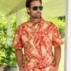 Tropical Canopy - Khaki Red Short Sleeve Hawaiian Polo Shirt