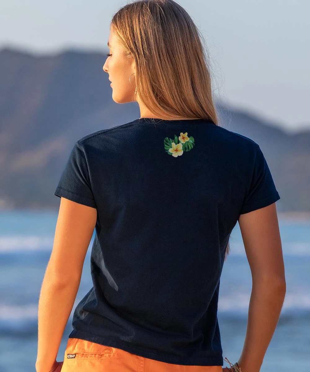 Plumeria Aloha - Navy Short Sleeve Crewneck T-Shirt - Image 2