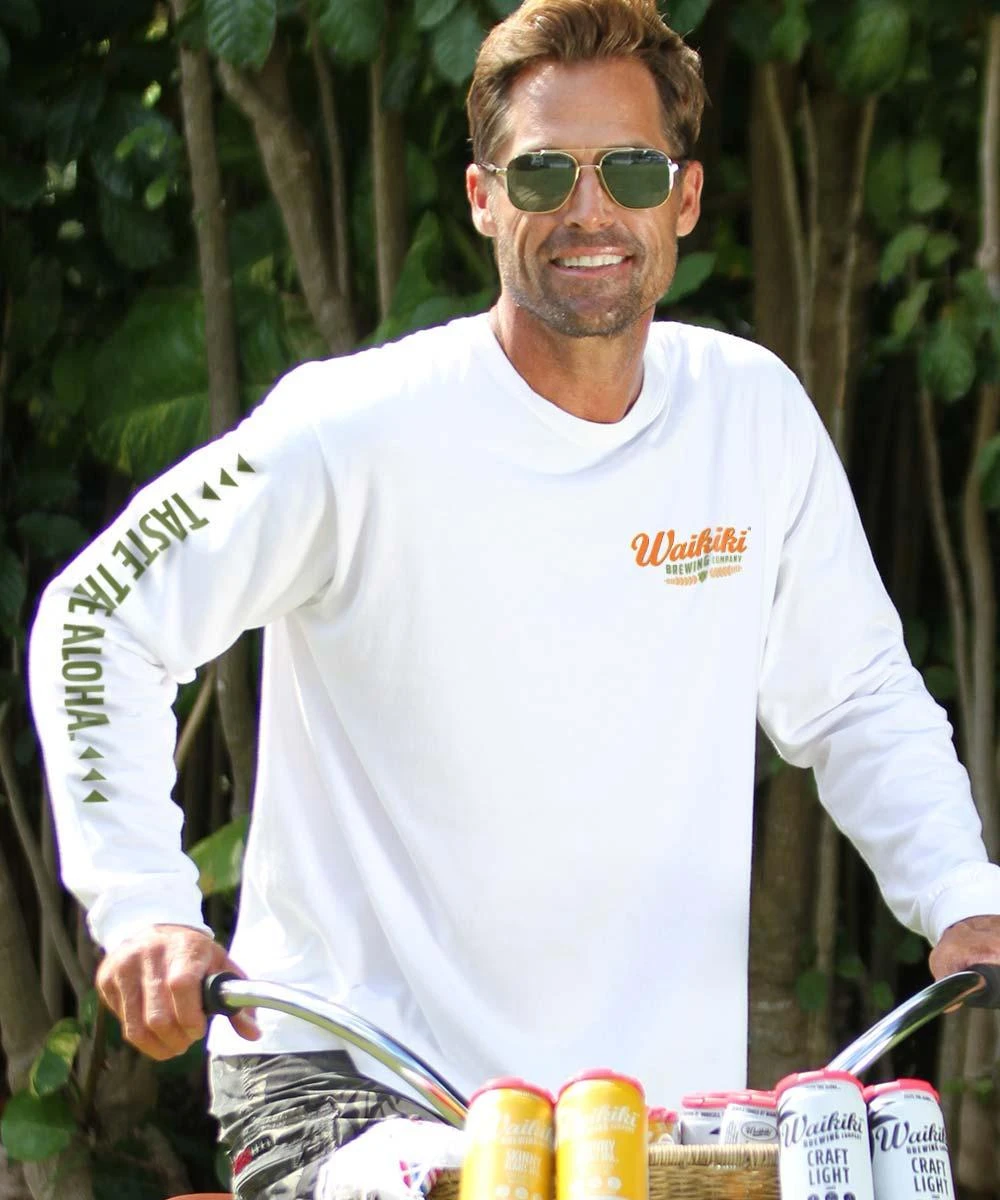 Waikiki Brewing Co Logo Taste The Aloha - White Long Sleeve Crewneck T-Shirt - Image 2