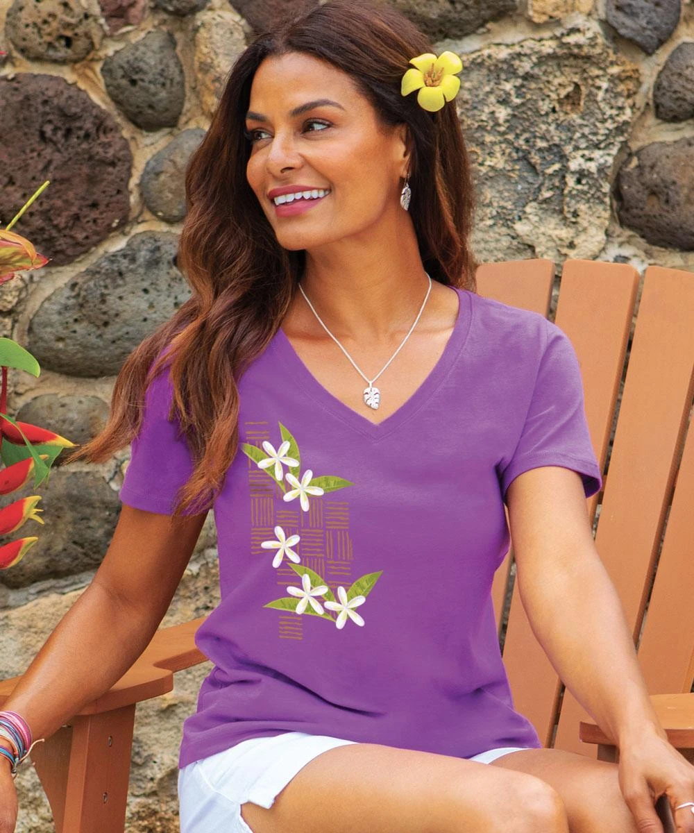 Plumeria Breeze - Violet Short Sleeve Pima V-Neck T-Shirt
