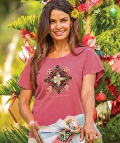 Plumeria Hollies - Paradise Red Dyed Short Sleeve Scoop Neck T-Shirt