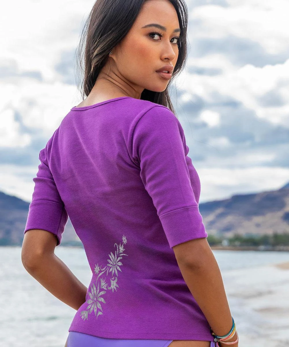 Batik Flora - Violet Short Sleeve Banded Rib Knit T-Shirt - Image 2