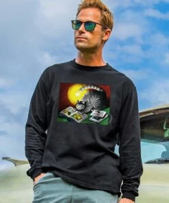 B. Kliban Tail Light Reading Cat - Black Long Sleeve Crewneck T-Shirt