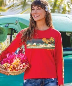 Retro Island Band - Candy Apple Red Dyed Long Sleeve Crewneck T-Shirt