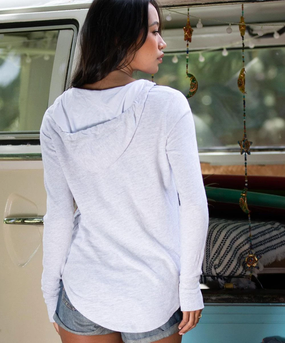 Purple Beach Scenic - White Grey Heather Long Sleeve Harmony Hooded T - Image 2