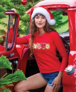 Poinsettias Framed - Red Long Sleeve Crewneck T-Shirt