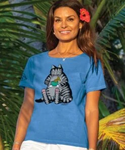 B. Kliban Tea Cat - Blue Hawaii Dyed Short Sleeve Scoop Neck T-Shirt