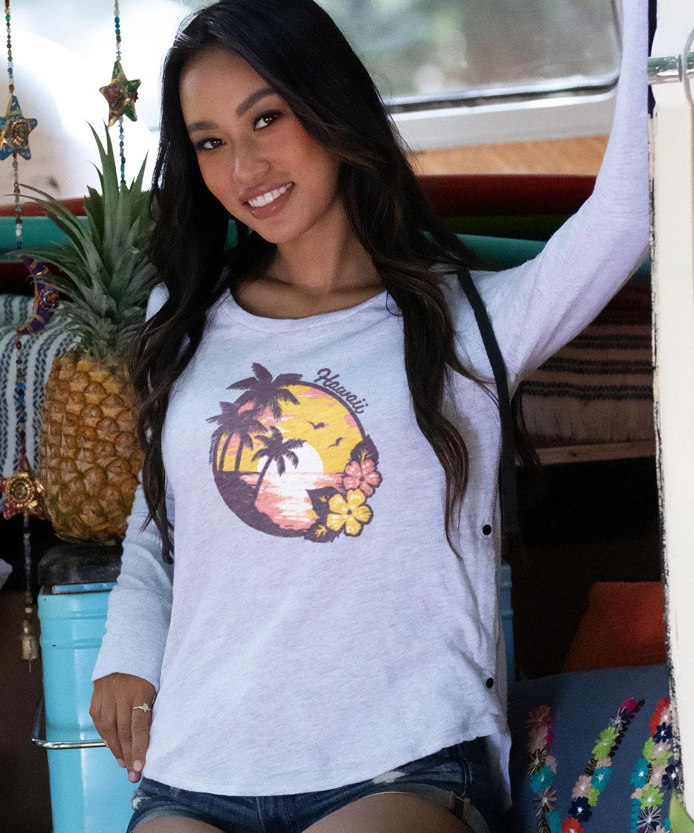 Purple Beach Scenic - White Grey Heather Long Sleeve Harmony Hooded T