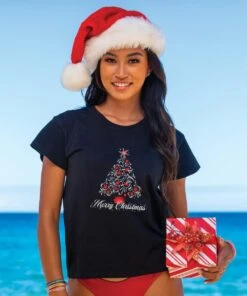 Merry Christmas Tree - Black Short Sleeve Crewneck T-Shirt