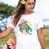 Flower Honu - White Short Sleeve Scoop Neck T-Shirt