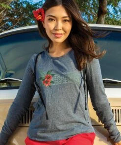 Hibiscus Tapa Band - Gray Heather Long Sleeve Harmony Hooded T